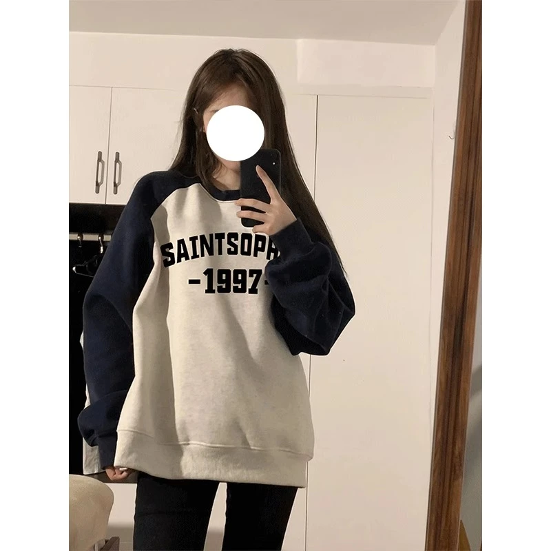 慵懒风圆领无帽美式插肩袖卫衣女春秋季2024新款爆款宽松加绒上衣