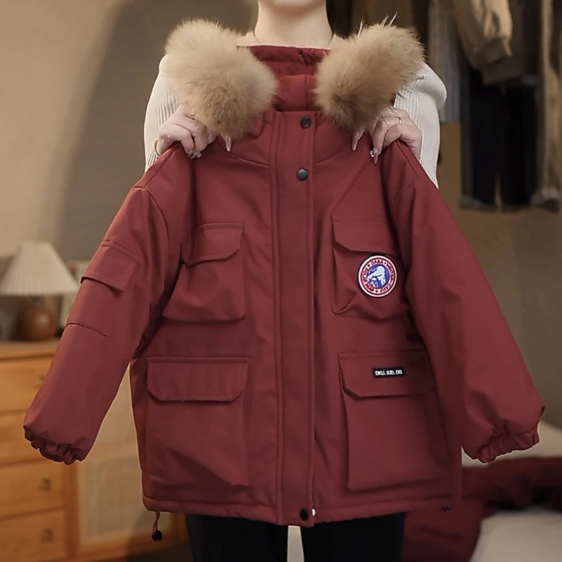 男童加厚派克服2025冬款儿童韩版工装大毛领棉服加厚保暖外套连帽