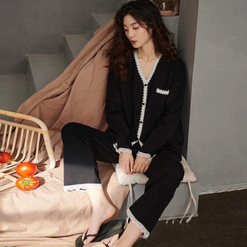 睡衣女春秋款纯棉长袖秋冬季高级感黑色家居服可外穿简约开衫套装