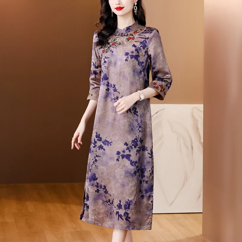 2024新款春季中式旗袍气质妈妈大码国风复古花色女连衣裙