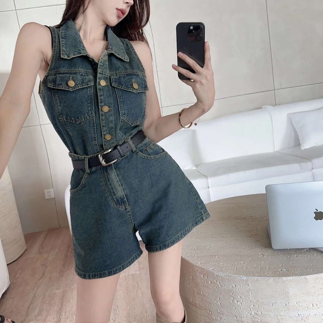 2024夏季新款连体牛仔短裤小个子显瘦气质高腰牛仔时尚百搭设计感