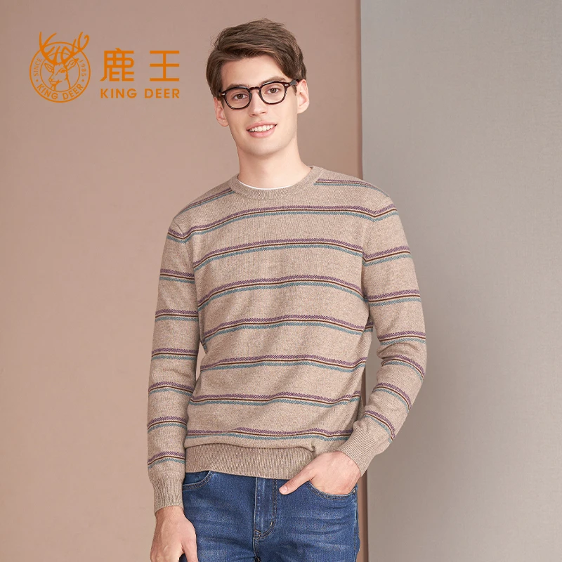 圆领提花男套衫  鹿王山羊绒男士圆领毛衣针织内搭秋冬