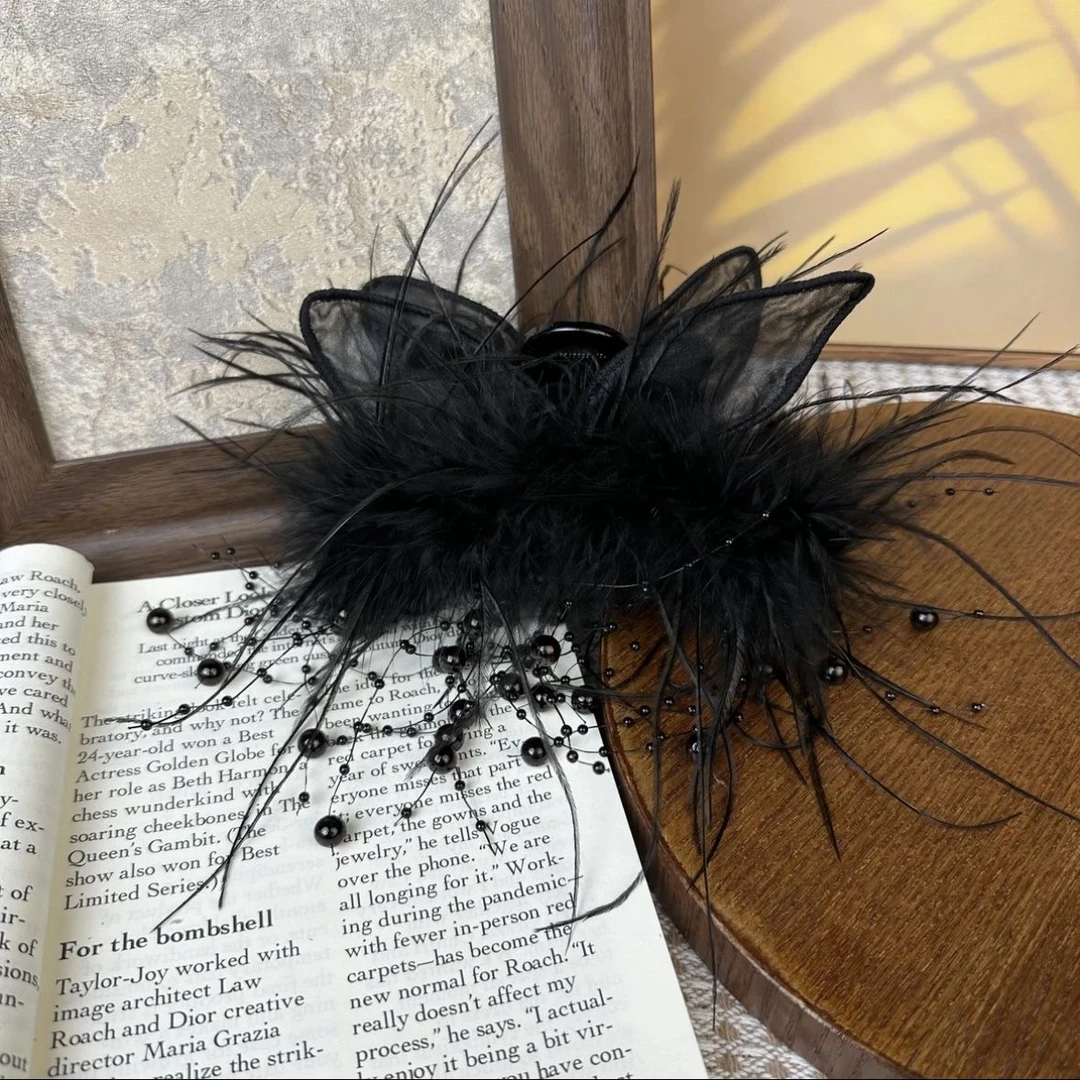 超仙美兔耳朵羽毛流苏鲨鱼夹高级感显发量头饰后脑勺盘发夹子发卡