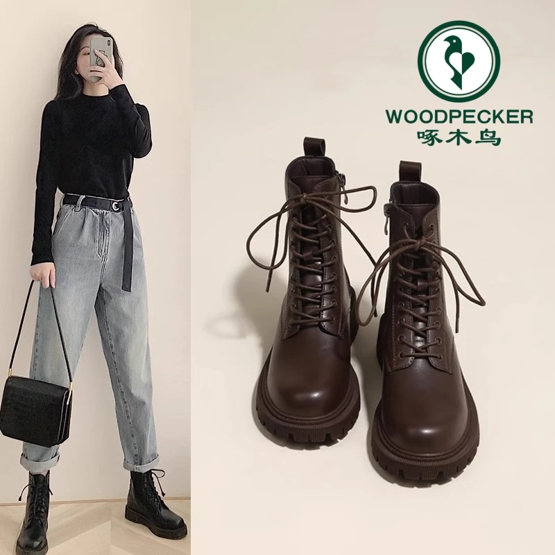 啄木鸟复古马丁靴女鞋2024秋冬新款加绒厚底百搭网红英伦风短靴子