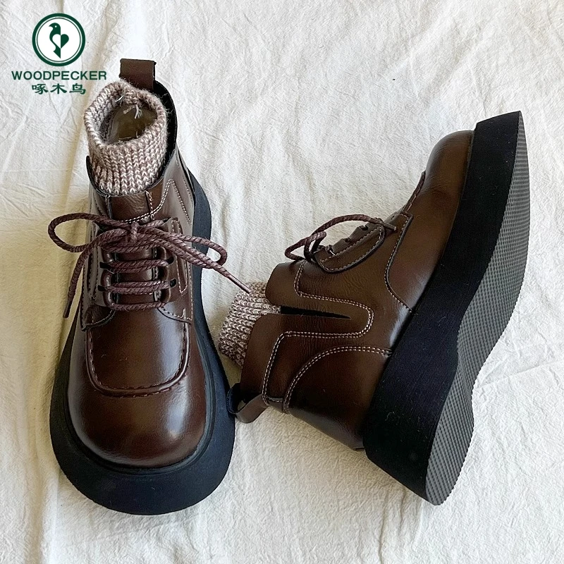 啄木鸟厚底马丁靴女英伦风2024秋冬新款圆头复古短靴加绒大头棉鞋