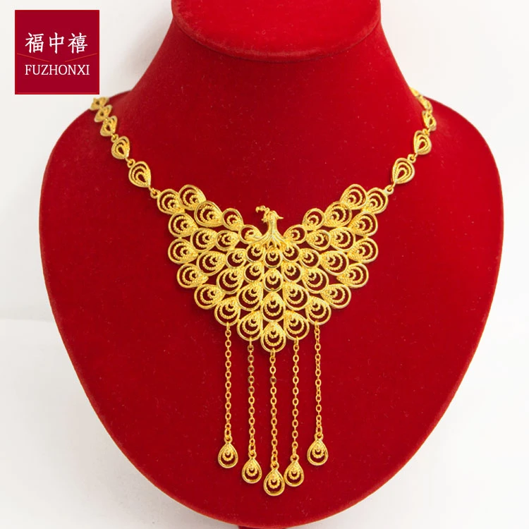 铜合金项链 新款镀黄金色孔雀项链女龙凤手镯假三金橱窗摆设饰品