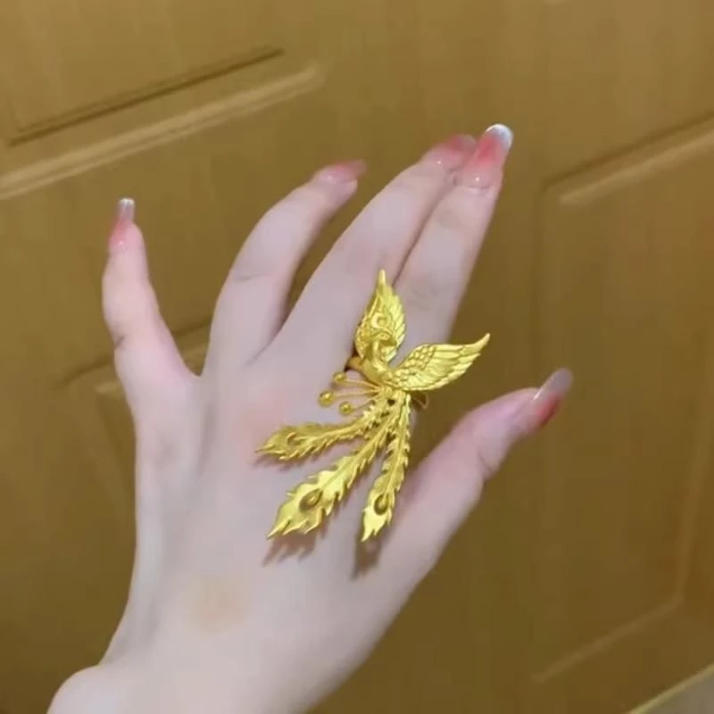 铜合金戒指 新款金色指环轻奢手工凤凰戒指女首饰品开口可调节