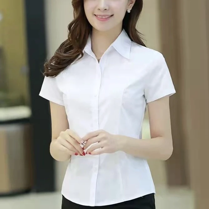 夏季V领职业装衬衫女正装短袖上衣工作服韩版白领办公前台衬衣女