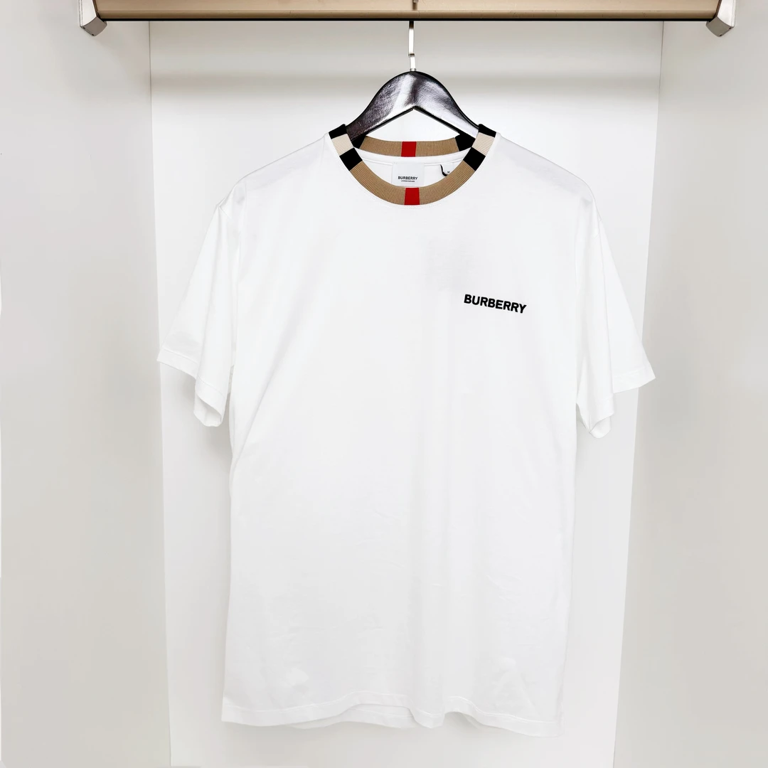 全新未使用 Burberry巴宝莉 logo刺绣格纹领口白色短袖t恤