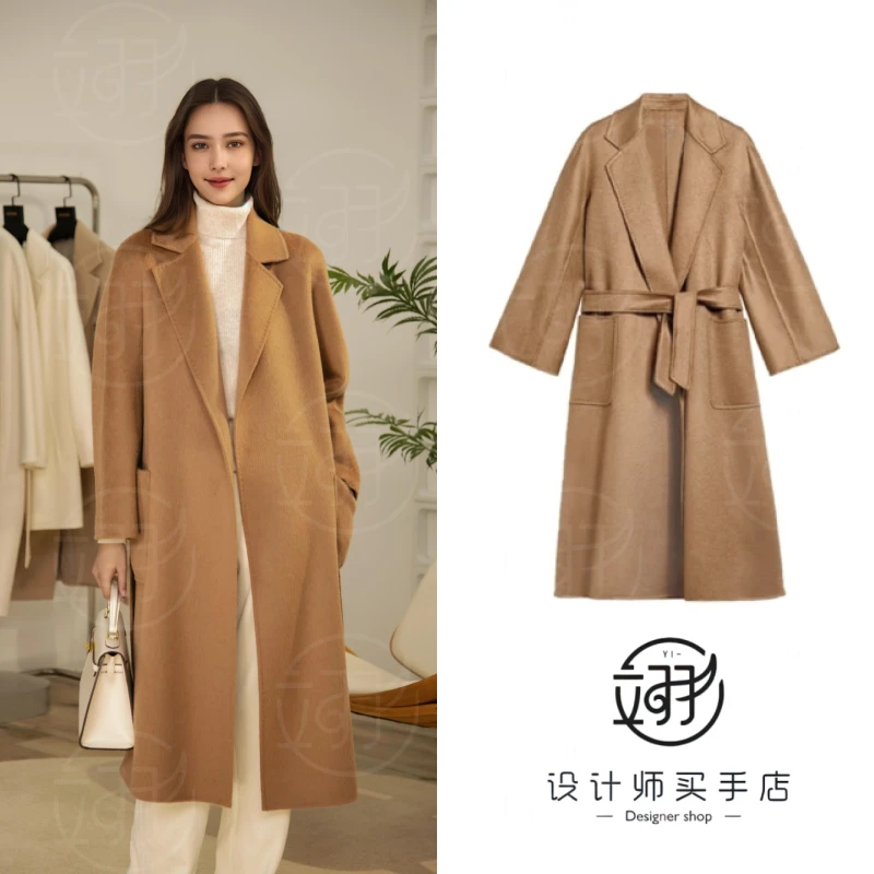 【新店福利】水波纹米驼纯羊毛韩版秋冬长款百搭纯色毛呢大衣轻奢