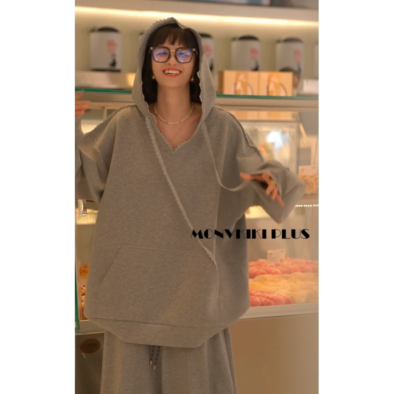 MoNvKiKiPlus2“蕾丝“棉70%秋冬休闲宽松情侣连帽慵懒风卫衣#391
