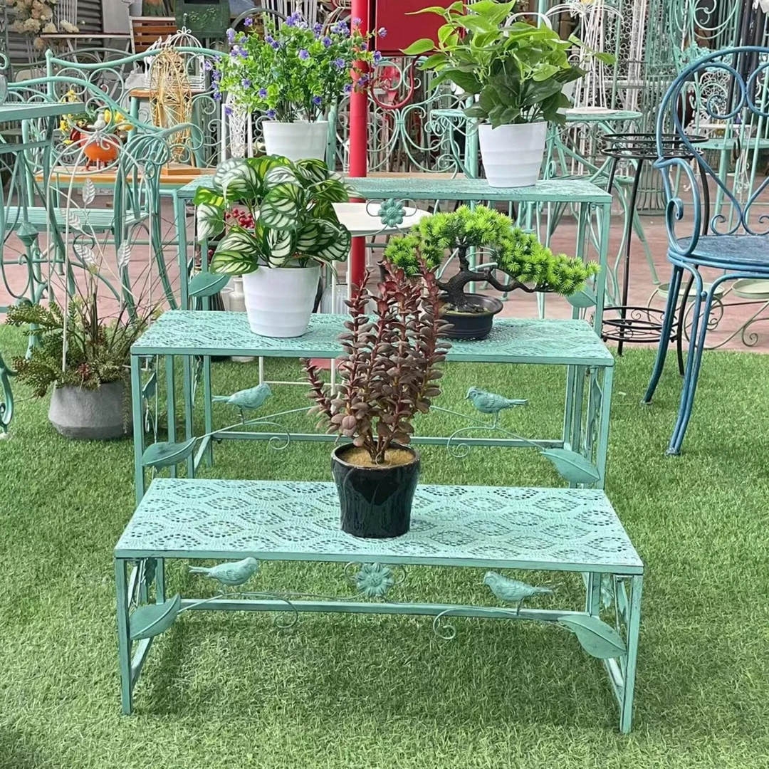 欧式复古户外庭院铁艺多层阶梯花架（长方形套三花架）实用