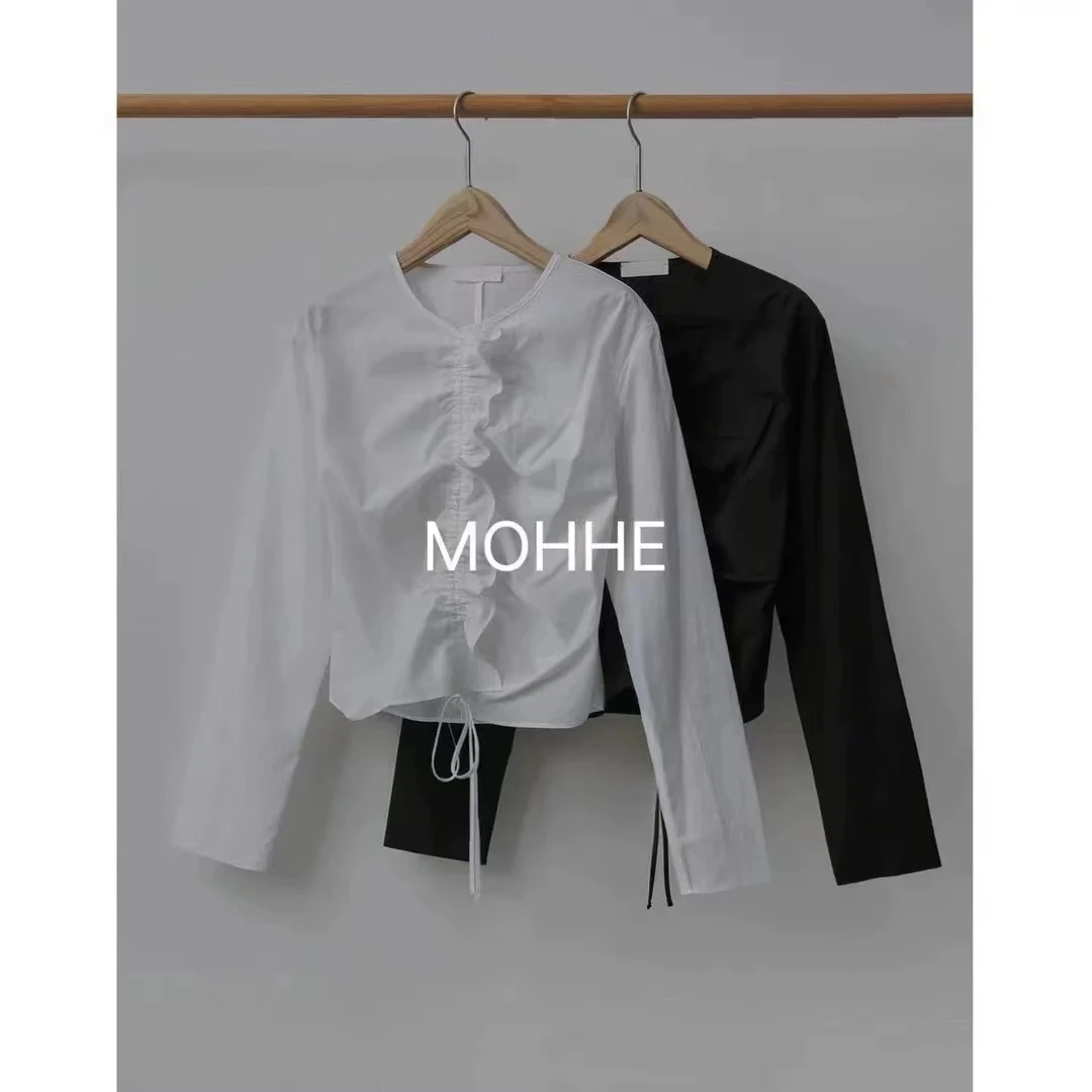 现货！mohhe韩国东大门代购2024秋新褶皱抽绳木耳花边长袖衬衫