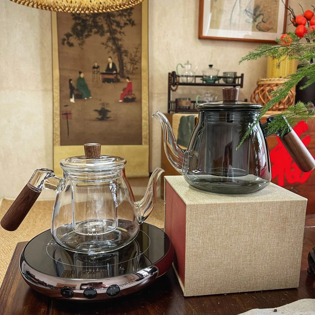 亿品古韵雅墨壶泡茶壶煮茶壶灰色煮水耐热泡壶木把家用高硼硅玻璃