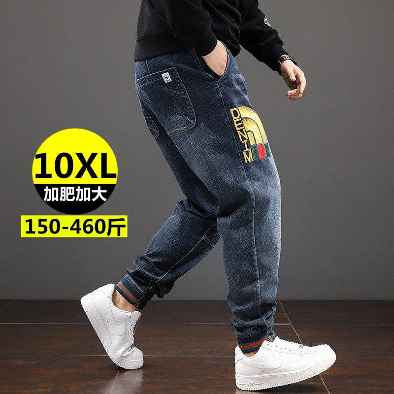 刺绣牛仔裤男士裤子男胖子宽松显腿瘦宽松潮牌加肥加大号小脚裤子