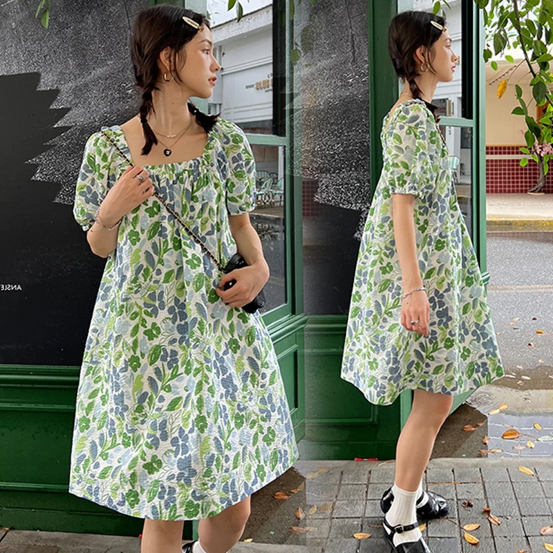 【FIFI】孕妇装小清新韩版时尚宽松方领连衣裙泡泡袖碎花甜美裙子夏