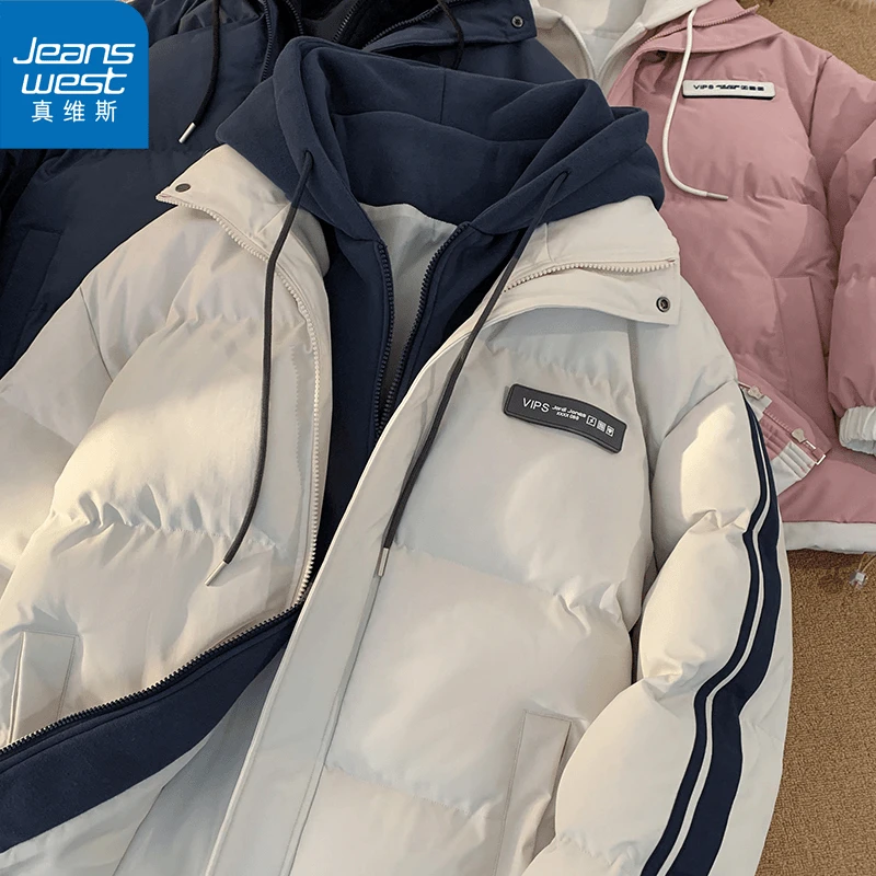 真维斯2024款假两件棉衣男女同款保暖棉服冬装加厚连帽情侣外套