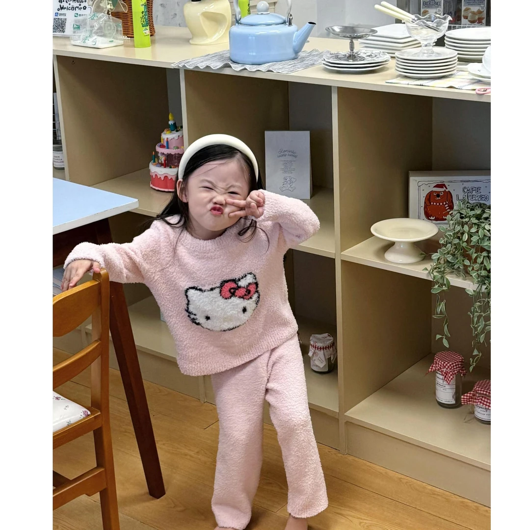 在仓韩版童装女童秋冬粉色可爱卡通毛衣半边绒睡衣家居服套装