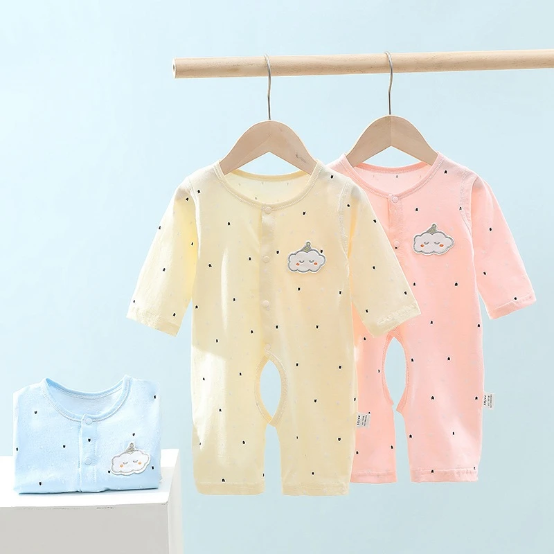 夏季薄款婴儿连体衣纯棉宝宝连身衣服开裆哈衣睡衣爬服长袖空调服