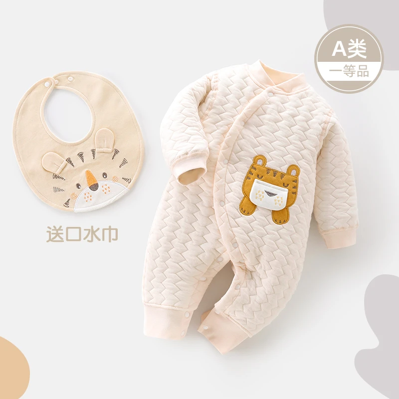 婴儿连体衣保暖宝宝哈衣长袖爬服新生儿无骨衣服可爱围嘴按扣闭哈
