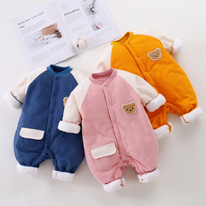 婴儿秋冬款连体衣加棉哈衣爬服宝宝0-1岁外穿洋气薄棉衣新款批发