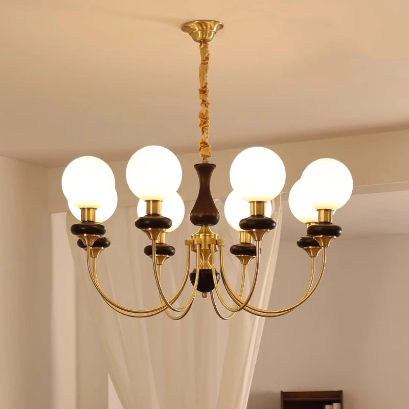 客厅吊灯美式复古轻奢大气全铜玻璃魔豆餐厅灯胡桃木主卧室书房灯