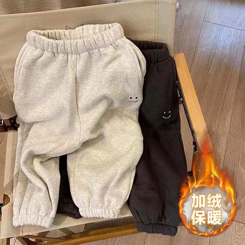 新款加绒卫裤笑脸绣花男女童秋冬季韩版宽松简约纯色休闲运动保