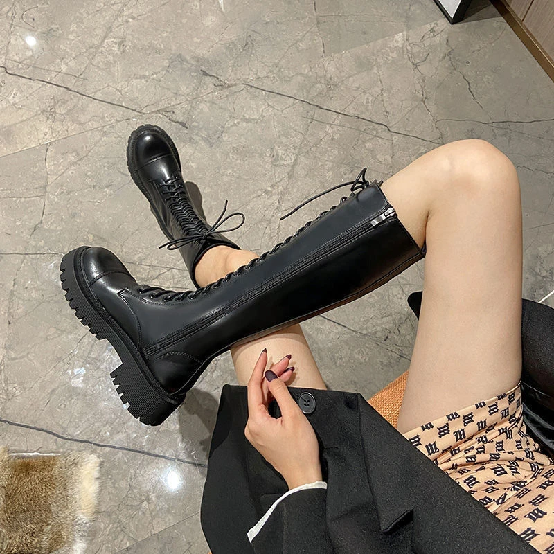 红蜻蜓牌秋冬中筒2023新款厚底骑士靴女长靴英伦风大头高筒靴不过