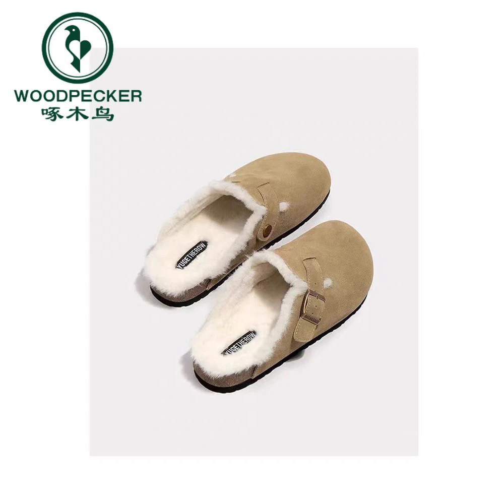 啄木鸟勃肯鞋女2024新款毛毛拖鞋秋冬季厚底加绒勃肯包头半拖棉拖