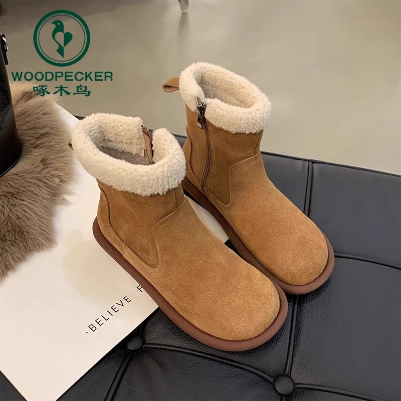 啄木鸟雪地靴女2025冬季新款皮毛一体加绒东北棉鞋棉靴毛毛短靴子