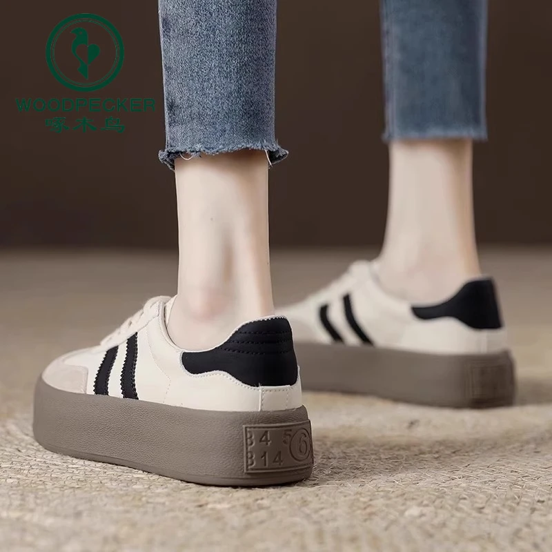 啄木鸟厚底德训鞋女2025夏季新款圆头复古做旧显脚小休闲板鞋女鞋