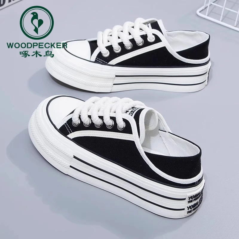 啄木鸟两穿厚底帆布鞋女夏季2025新款百搭透气学生小白休闲鞋板鞋