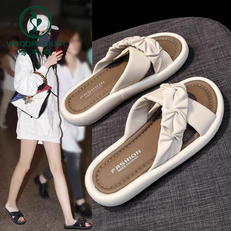 啄木鸟厚底交叉凉拖鞋女夏季外穿2025年新款平底休闲度假沙滩凉鞋