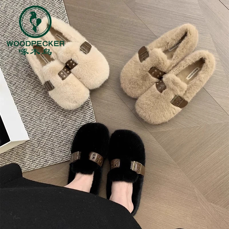 啄木鸟毛毛鞋女2024年新款秋冬仙女风一脚蹬豆豆鞋女平底加绒棉鞋