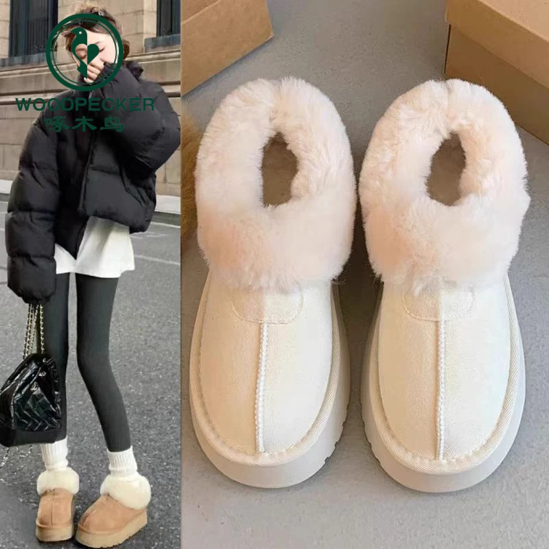 啄木鸟雪地靴女冬季加绒加厚2025年新款一脚蹬毛毛厚底东北大棉鞋