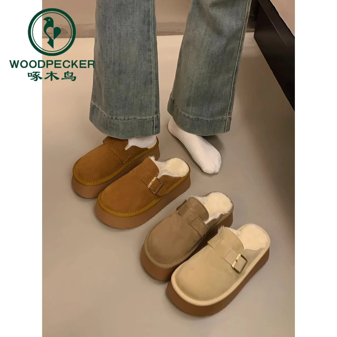 啄木鸟厚底包头毛毛半拖鞋女勃肯鞋2024新款冬季加绒雪地靴棉鞋子