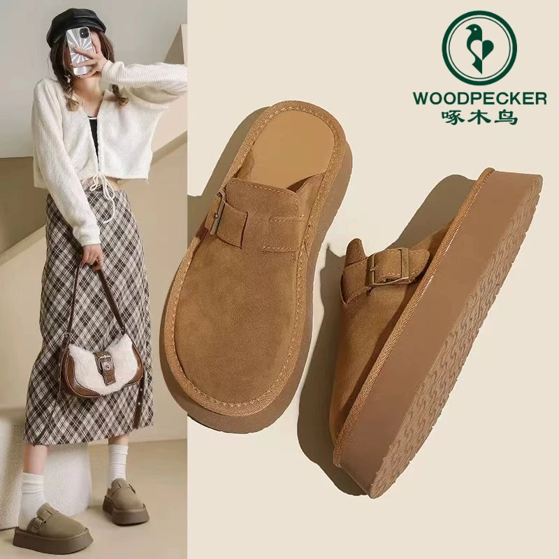 啄木鸟高级感厚底包头半拖鞋女秋外穿勃肯鞋2025新款气质穆勒鞋女