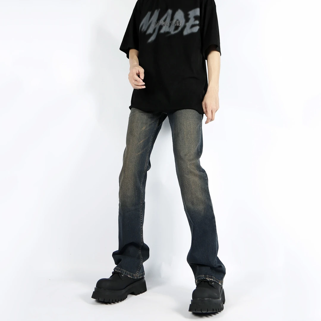 美式高街牛仔裤男潮修身直筒美式复古vibe微喇叭休闲高个子拖地裤