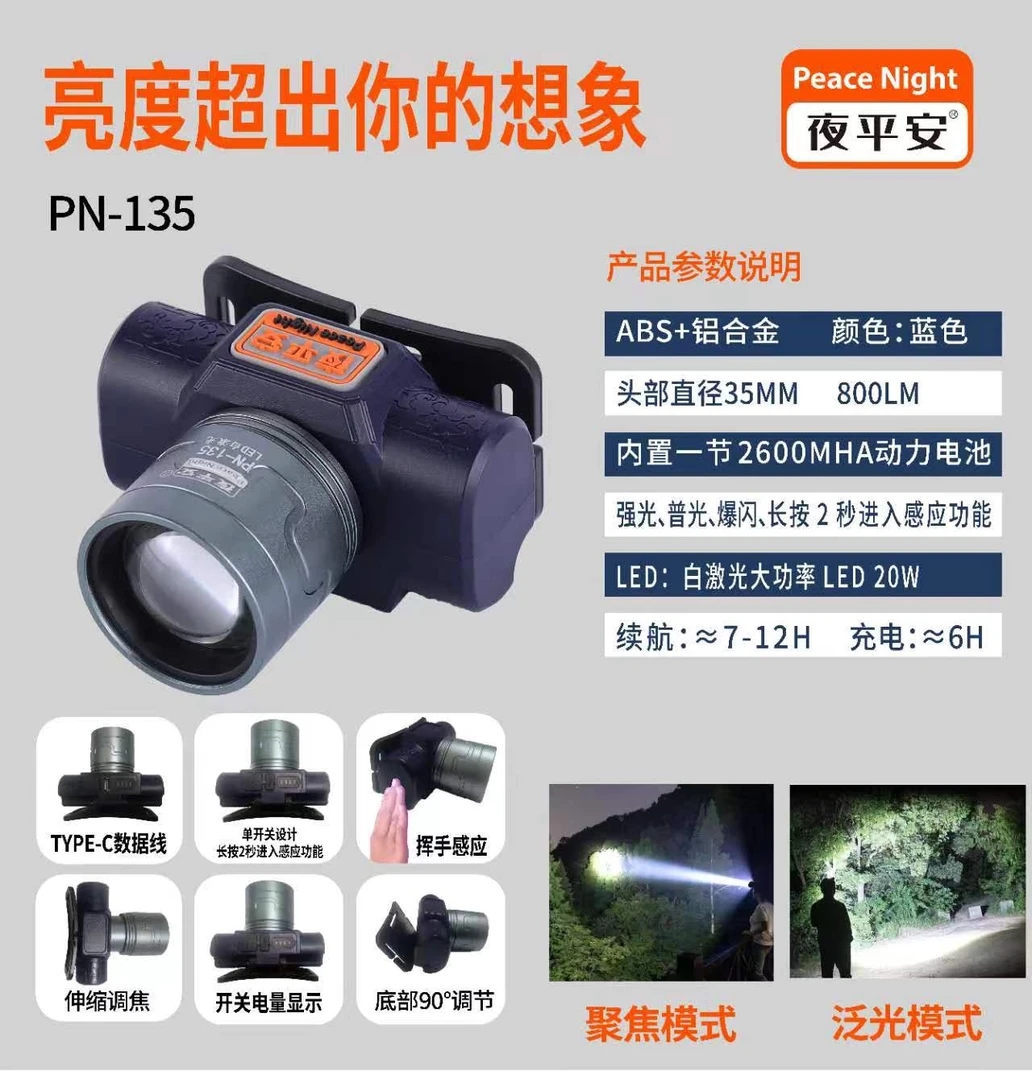 新品夜平安135小巧变焦激光炮头灯