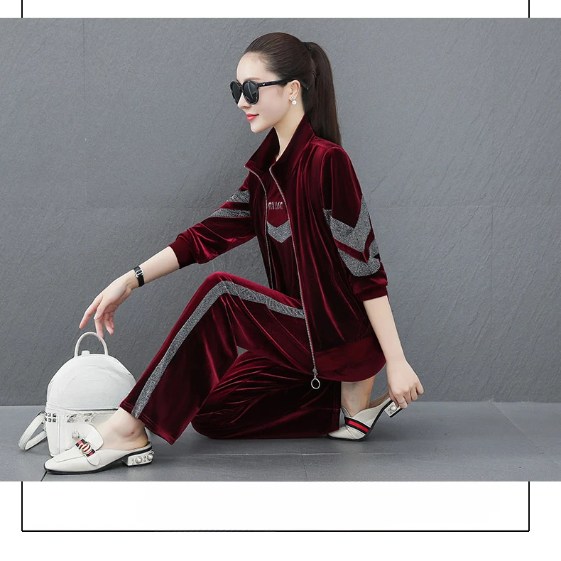 金丝绒运动套装女士春秋新款宽松阔腿裤洋气开衫卫衣休闲服三件套