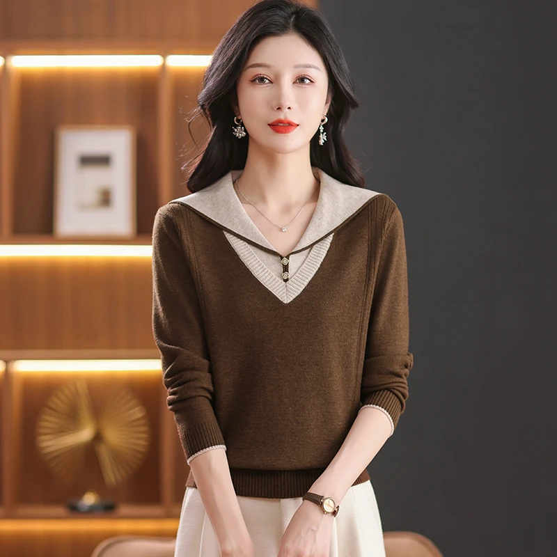 秋冬长袖针织女装假两件海军领上衣毛衣时尚套头针织衫宽松百搭