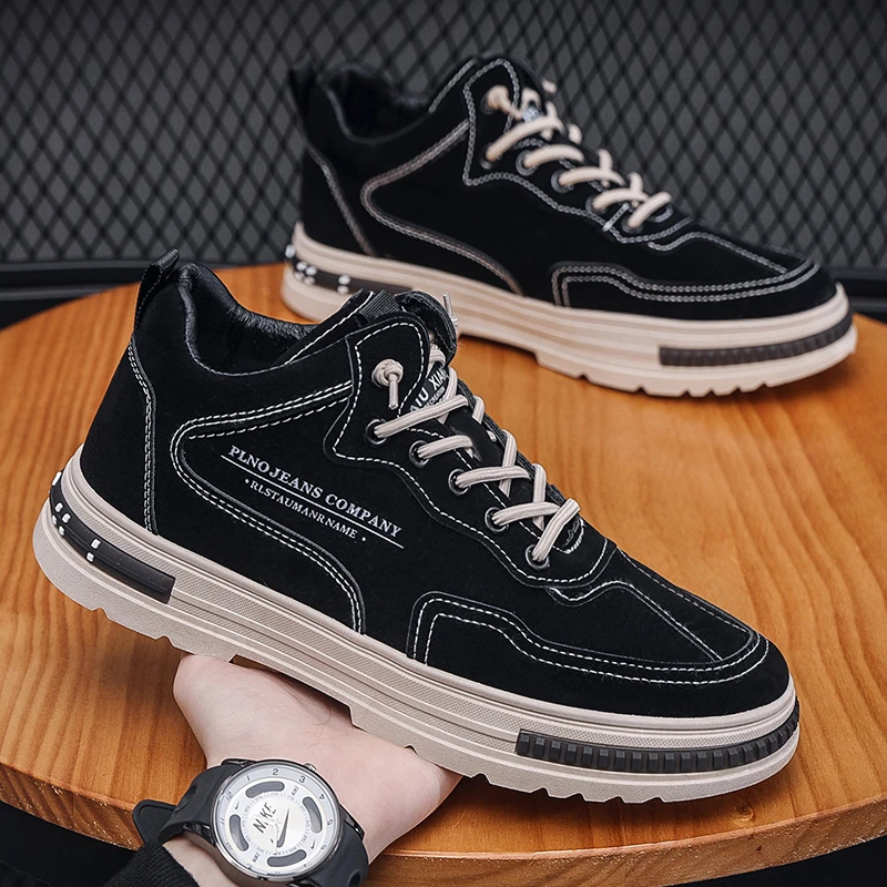 夏季复古男鞋耐磨防滑板鞋子男士运动休闲百搭工作鞋黑色ins潮鞋
