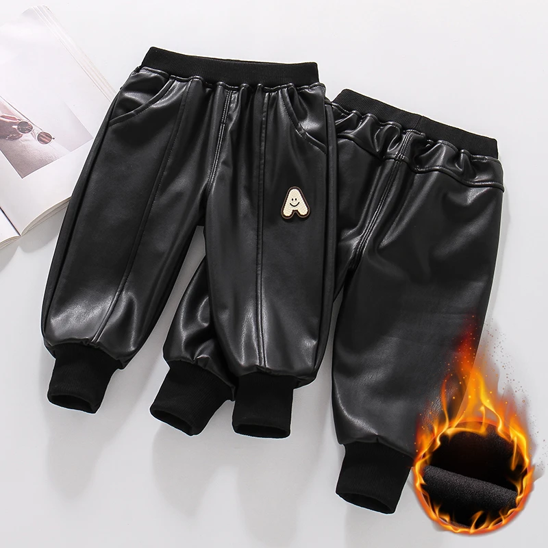 儿童皮裤一体加绒秋冬薄绒女童皮裤防风防水宝宝男童裤子长裤休闲