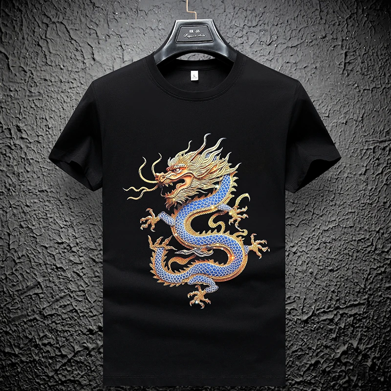 男士龙年夏季轻奢圆领T恤冰丝烫钻短袖潮牌闪钻复刻版本高端质量