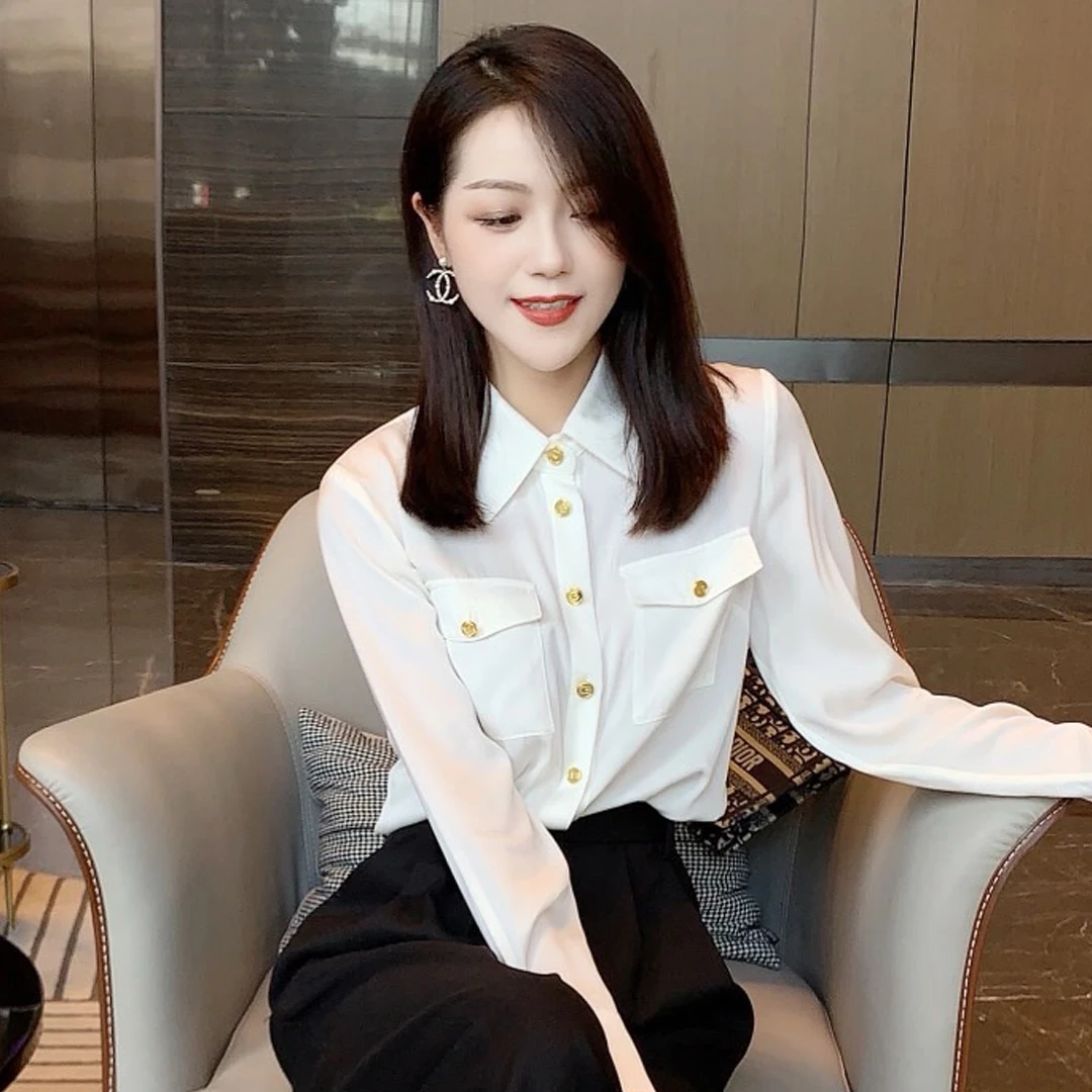 新款双乔100桑蚕丝重磅真丝之衬衫气质显瘦白色洋气时尚百搭