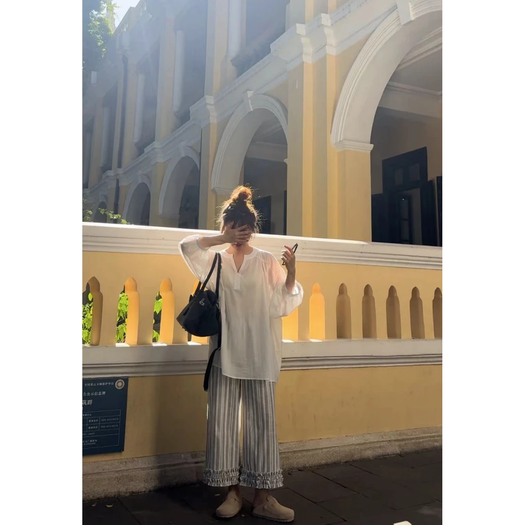 胖MM大码女装显瘦穿搭松紧腰竖条荷叶边设计宽松直筒阔腿裤