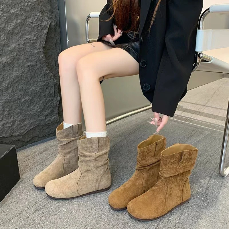 2024秋冬新款绒面女圆头平底短靴舒适平跟时尚百搭韩版短靴