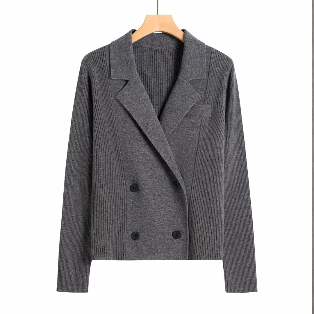 西装领针织秋款外套气质翻领毛衣中年女装休闲双排扣短款修身时尚