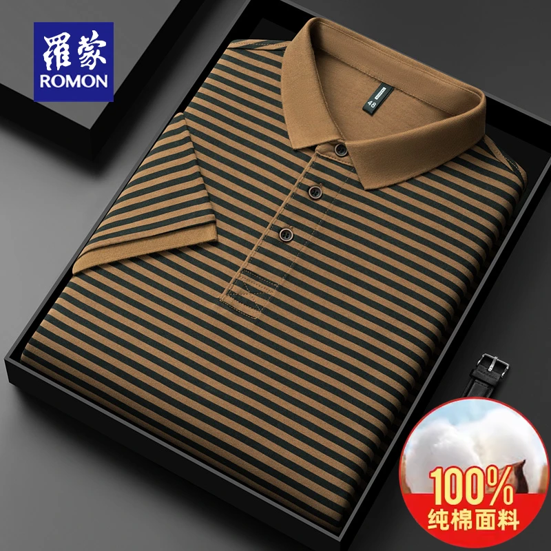 罗蒙爸爸夏装纯棉短袖T恤男士休闲撞色条纹翻领POLO衫中老年男装