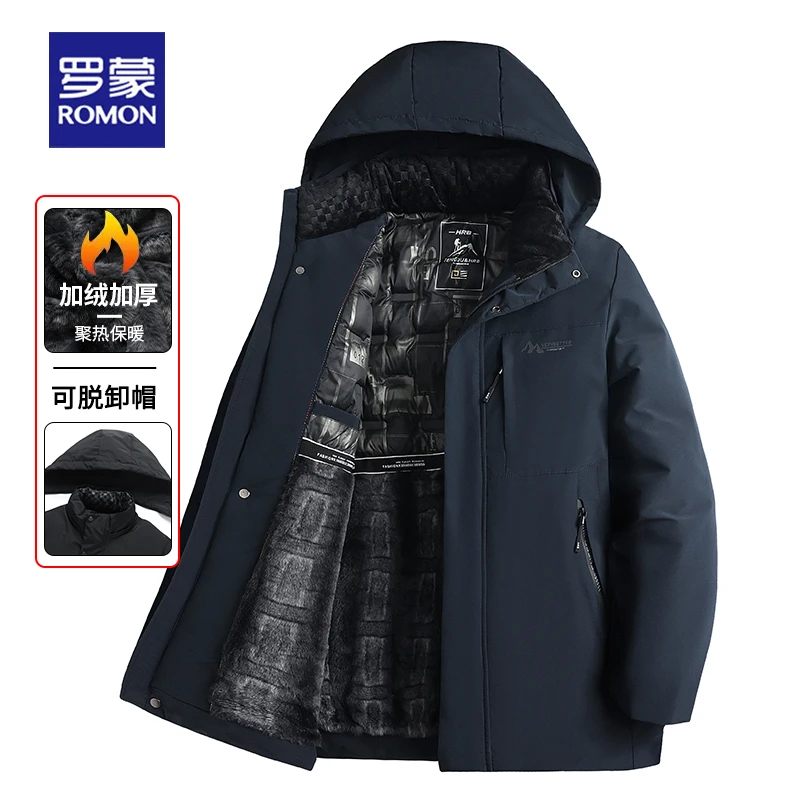 罗蒙高端男装中年简约加绒棉衣秋冬季新款商务加厚外套保暖爸爸装
